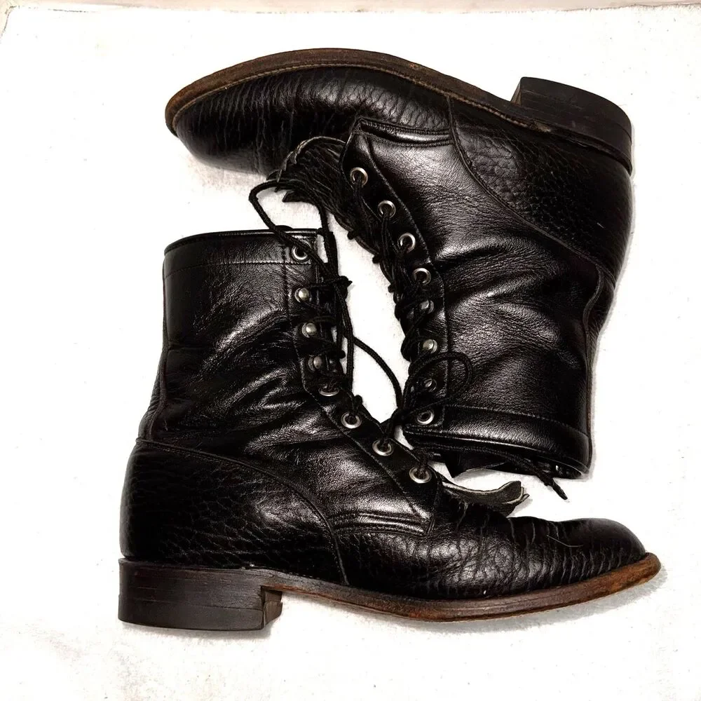 Justin Roper Lace Up Boots Women's 8 Youth 6.5 Kiltie Black Leather Western